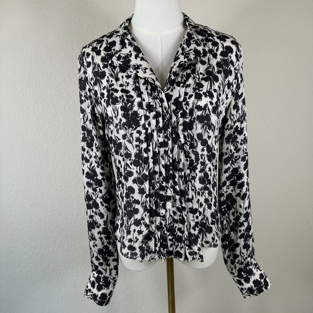 Vtg Barrie Pace Blouse Women 6 Black White Floral 100% Silk Pleated Office Shirt
